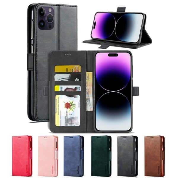 Apple iPhone 14 Pro Max Wallet Case Flip Leather Card Slots Magnetic Stand Cover (Black)