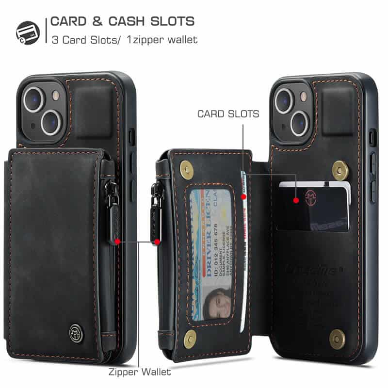 Apple iPhone 15 CaseMe Back Zipper Wallet Case W 3 Card Slots, RFID Blocking, 1 Money Pocket, Credit Card Holder Leather Cover