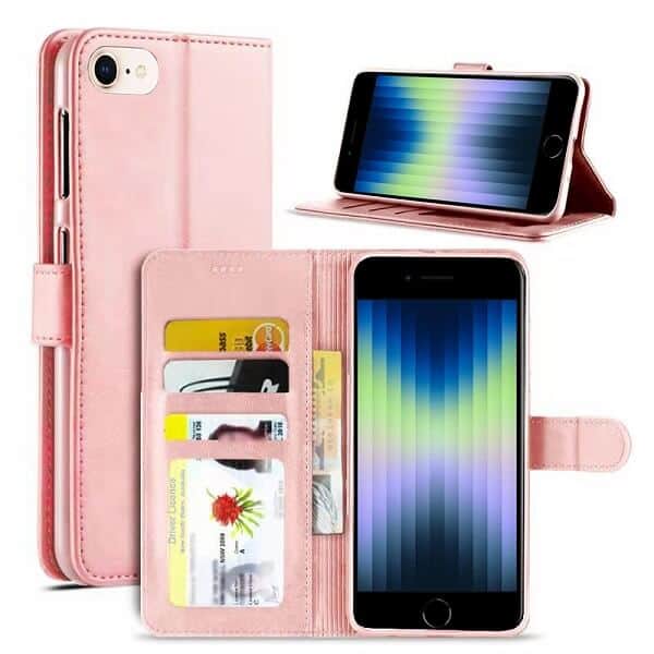 Apple iPhone SE 2022 Genuine SupRShield Wallet Leather Flip Stand Magnetic Case Cover (Rose Gold)
