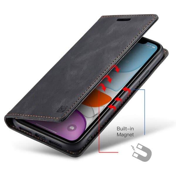 AutSpace For Apple iPhone 11 Case RFID Blocking Retro Flip Premium Leather Card Holder Wallet Cover - Black