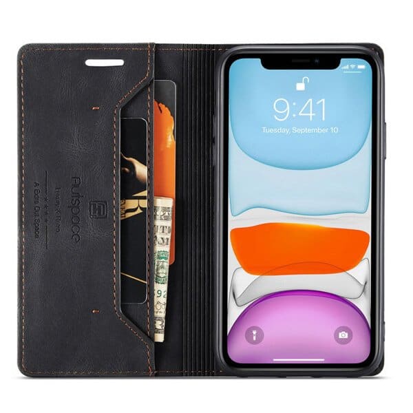 AutSpace For Apple iPhone 11 Case RFID Blocking Retro Flip Premium Leather Card Holder Wallet Cover - Black