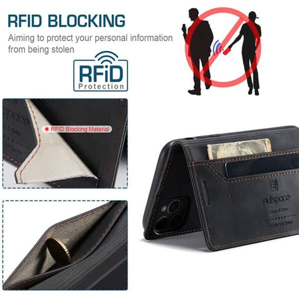 AutSpace For Apple iPhone 11 Case RFID Blocking Retro Flip Premium Leather Card Holder Wallet Cover - Black