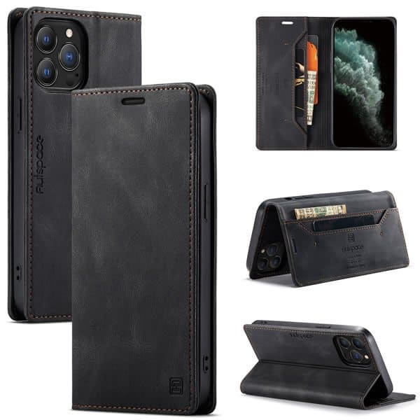 AutSpace For Apple iPhone 11 Pro Max Case RFID Blocking Retro Flip Premium Leather Card Holder Wallet Cover - Black