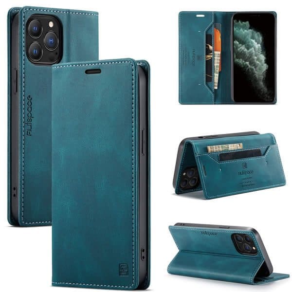 AutSpace For Apple iPhone 11 Pro Max Case RFID Blocking Retro Flip Premium Leather Card Holder Wallet Cover - Cyan Blue