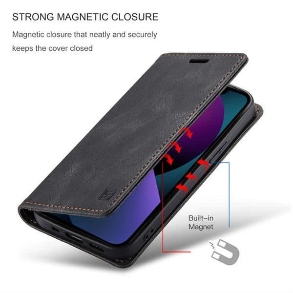 AutSpace For Apple iPhone 13 Case RFID Blocking Retro Flip Premium Leather Card Holder Wallet Cover - Black