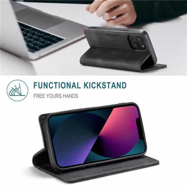 AutSpace For Apple iPhone 13 Case RFID Blocking Retro Flip Premium Leather Card Holder Wallet Cover - Black