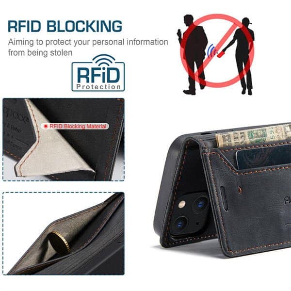 AutSpace For Apple iPhone 13 Case RFID Blocking Retro Flip Premium Leather Card Holder Wallet Cover - Black