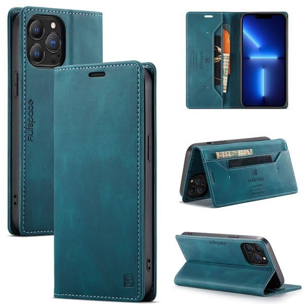 AutSpace For Apple iPhone 13 Pro Max Case RFID Blocking Retro Flip Premium Leather Card Holder Wallet Cover - Cyan Blue
