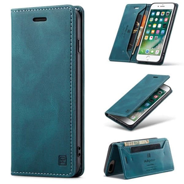 AutSpace For Apple iPhone 7 Plus 8 Plus Case RFID Blocking Retro Flip Premium Leather Card Holder Wallet Cover - Cyan Blue