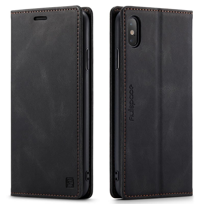 AutSpace For Apple iPhone X XS Case RFID Blocking Retro Flip Premium Leather Card Holder Wallet Cover - Black