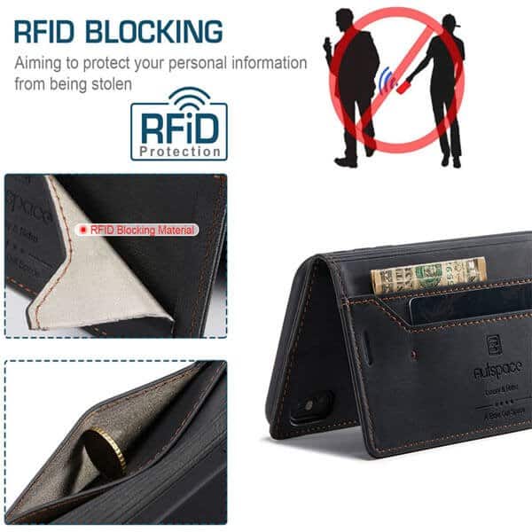 AutSpace For Apple iPhone X XS Case RFID Blocking Retro Flip Premium Leather Card Holder Wallet Cover - Black