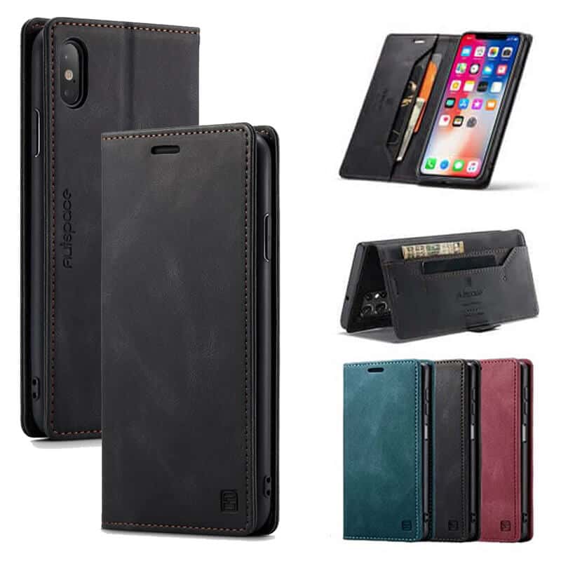 AutSpace For Apple iPhone X XS XR Case RFID Blocking Retro Flip Premium Leather Card Holder Wallet Cover