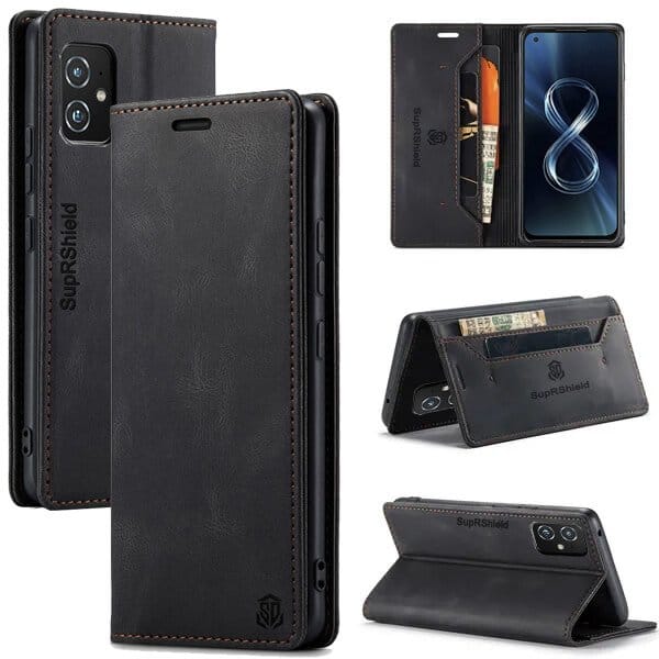 AutSpace For Asus Zenfone 8 5G Case RFID Blocking Retro Flip Premium Leather Card Holder Wallet Cover - (Black)