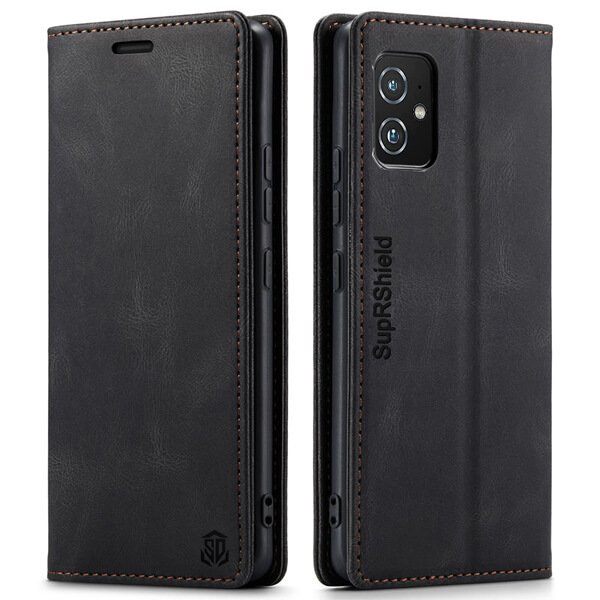 AutSpace For Asus Zenfone 8 5G Case RFID Blocking Retro Flip Premium Leather Card Holder Wallet Cover - (Black)