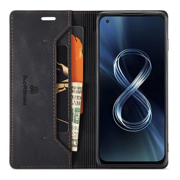 AutSpace For Asus Zenfone 8 5G Case RFID Blocking Retro Flip Premium Leather Card Holder Wallet Cover - (Black)