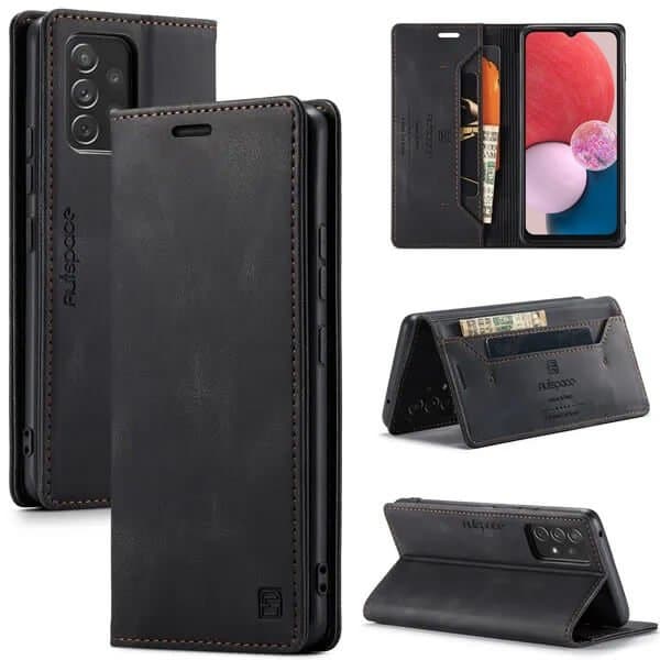 AutSpace For Samsung Galaxy A13 4G Case RFID Blocking Retro Flip Premium Leather Card Holder Wallet Cover - (Black)