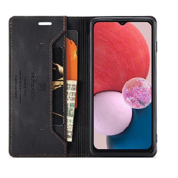 AutSpace For Samsung Galaxy A13 4G Case RFID Blocking Retro Flip Premium Leather Card Holder Wallet Cover - (Black)