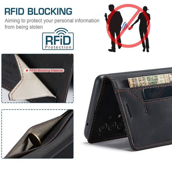 AutSpace For Samsung Galaxy A13 4G Case RFID Blocking Retro Flip Premium Leather Card Holder Wallet Cover - (Black)