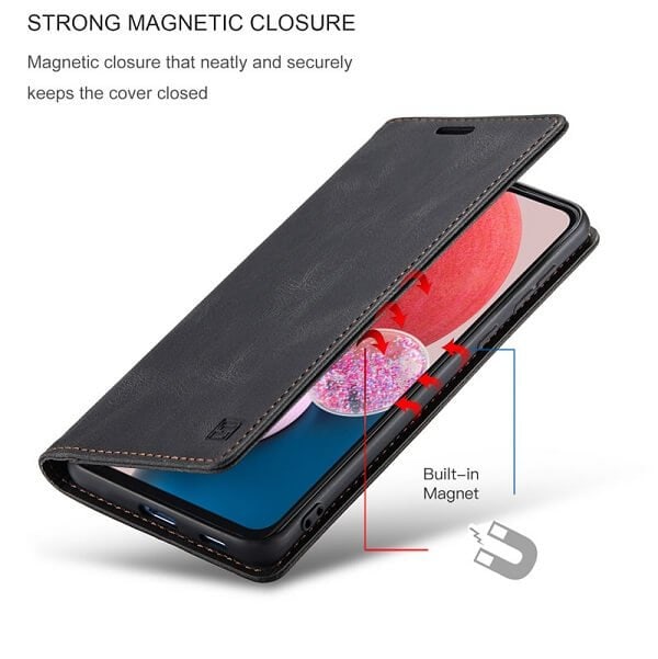AutSpace For Samsung Galaxy A13 4G Case RFID Blocking Retro Flip Premium Leather Card Holder Wallet Cover - (Black)