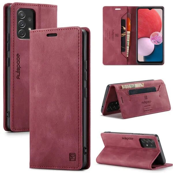 AutSpace For Samsung Galaxy A13 4G Case RFID Blocking Retro Flip Premium Leather Card Holder Wallet Cover - (Red)