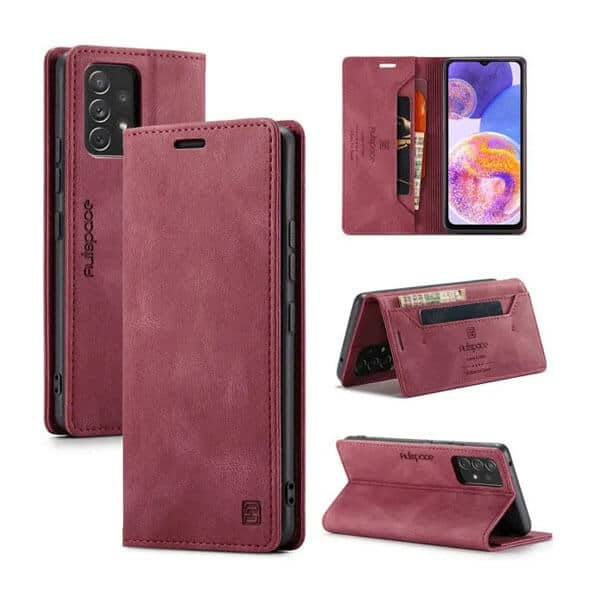 AutSpace For Samsung Galaxy A23 4G Case RFID Blocking Retro Flip Premium Leather Card Holder Wallet Cover - (Red)