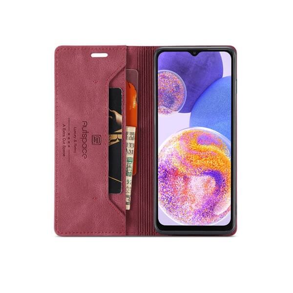 AutSpace For Samsung Galaxy A23 4G Case RFID Blocking Retro Flip Premium Leather Card Holder Wallet Cover - (Red)