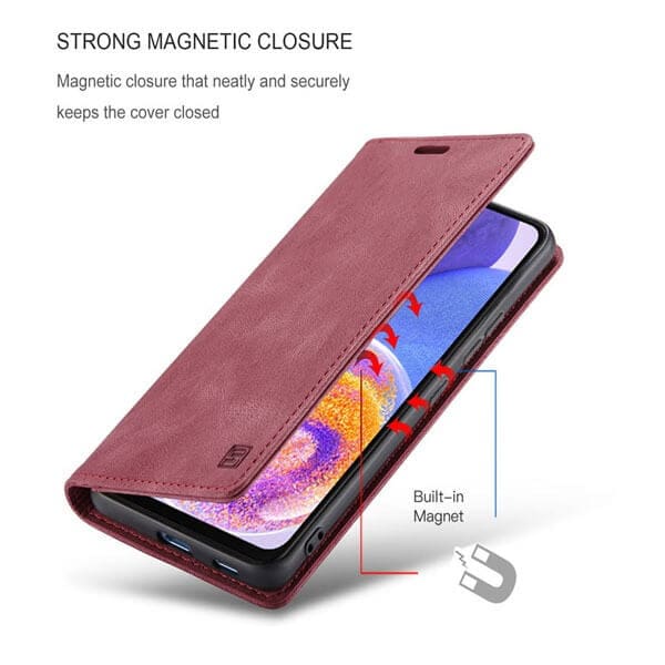 AutSpace For Samsung Galaxy A23 4G Case RFID Blocking Retro Flip Premium Leather Card Holder Wallet Cover - (Red)