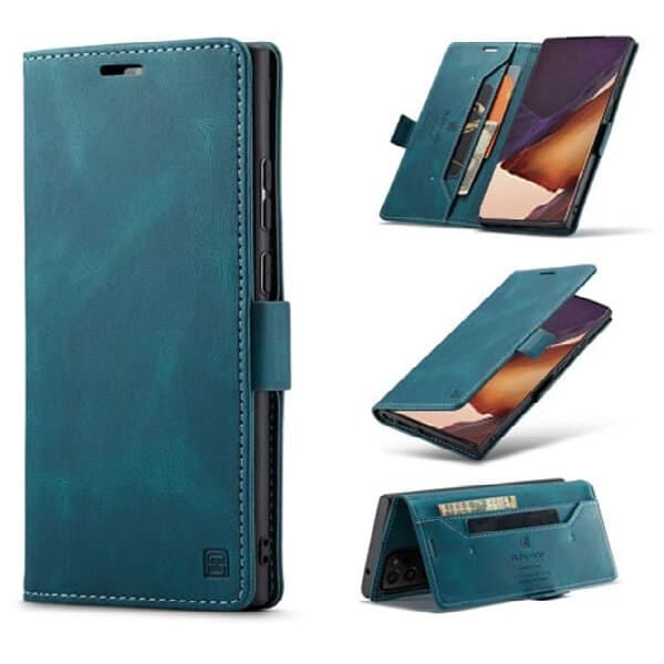 AutSpace For Samsung Galaxy Note 20 Ultra Case RFID Blocking Retro Flip Premium Leather Card Holder Wallet Cover - Cyan Blue