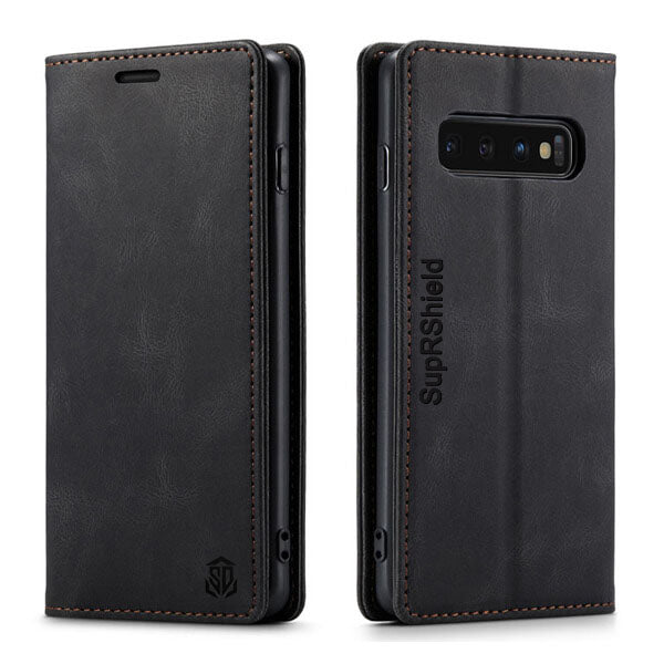 For Samsung Galaxy S10, S10+ S10 Plus SupRShield Case RFID Blocking Retro Flip Premium Leather Card Holder Wallet Cover