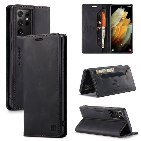 AutSpace For Samsung Galaxy S21 | S21 FE | S21+ /S21 Plus | S21 Ultra Case RFID Blocking Retro Flip Premium Leather Card Holder Wallet Cover