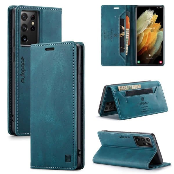 AutSpace For Samsung Galaxy S21 | S21 FE | S21+ /S21 Plus | S21 Ultra Case RFID Blocking Retro Flip Premium Leather Card Holder Wallet Cover