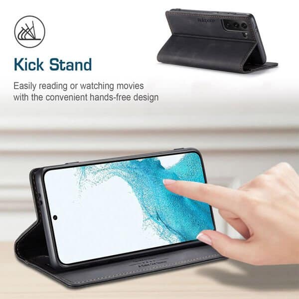 AutSpace For Samsung Galaxy S22 Case RFID Blocking Retro Flip Premium Leather Card Holder Wallet Cover - Black