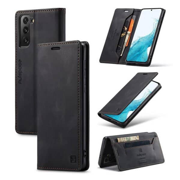 AutSpace For Samsung Galaxy S22 Case RFID Blocking Retro Flip Premium Leather Card Holder Wallet Cover - Black
