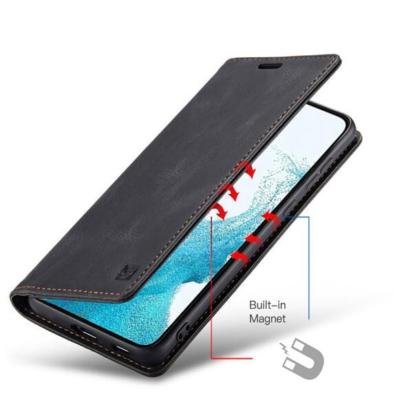 AutSpace For Samsung Galaxy S22 Case RFID Blocking Retro Flip Premium Leather Card Holder Wallet Cover - Black