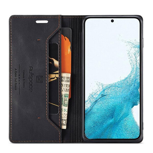 AutSpace For Samsung Galaxy S22 Case RFID Blocking Retro Flip Premium Leather Card Holder Wallet Cover - Black