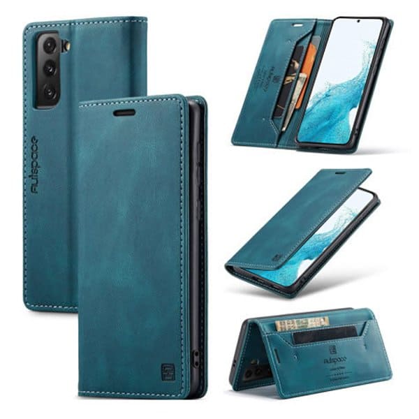 AutSpace For Samsung Galaxy S22 Case RFID Blocking Retro Flip Premium Leather Card Holder Wallet Cover - Cyan Blue