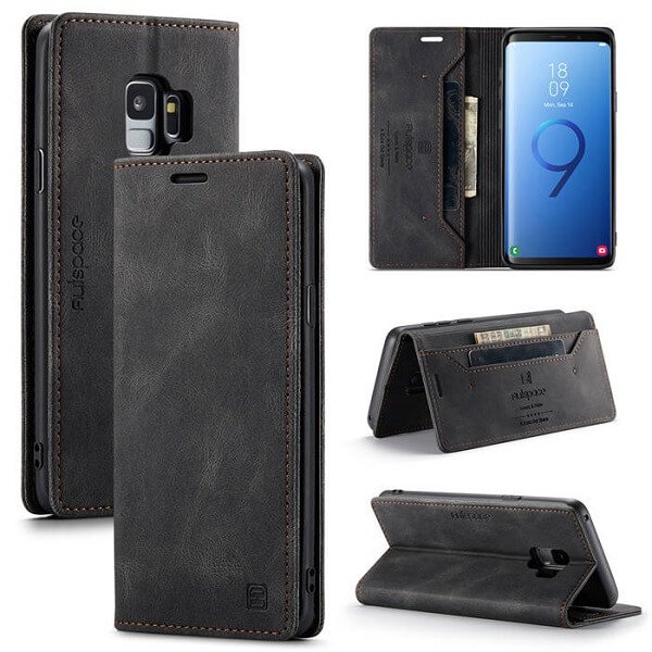 AutSpace For Samsung Galaxy S9 Case RFID Blocking Retro Flip Premium Leather Card Holder Wallet Cover - Black