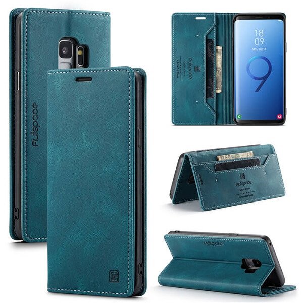 AutSpace For Samsung Galaxy S9 Case RFID Blocking Retro Flip Premium Leather Card Holder Wallet Cover - Cyan Blue
