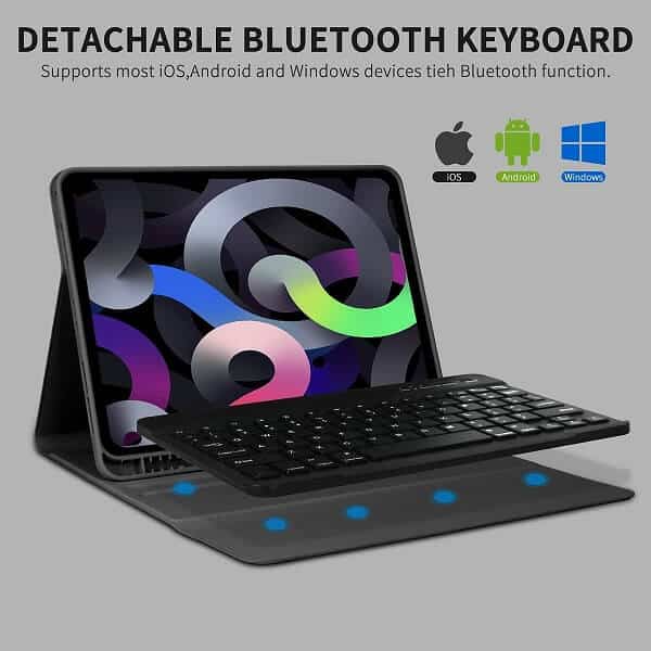 With Pencil Holder For Apple iPad Air 10.9 inch 5th /4th Generation 2022/2020 Wireless Bluetooth Keyboard Case Leather Smart Cover (Black)