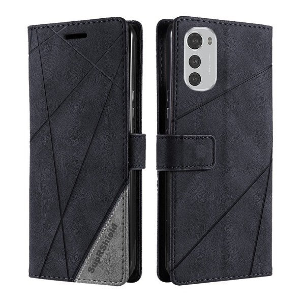 Motorola Moto E32 SupRShield Wallet Leather Card Holder Flip Protective Shockproof Magnetic Case Cover (Black)