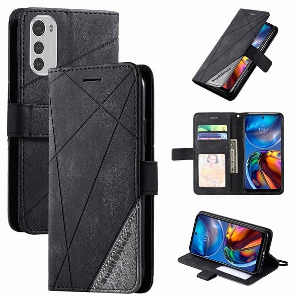 Motorola Moto E32 SupRShield Wallet Leather Card Holder Flip Protective Shockproof Magnetic Case Cover (Black)