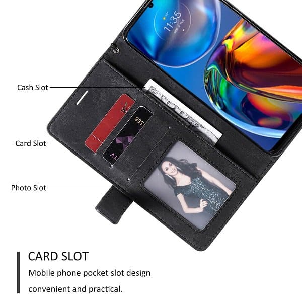 Motorola Moto E32 SupRShield Wallet Leather Card Holder Flip Protective Shockproof Magnetic Case Cover (Black)