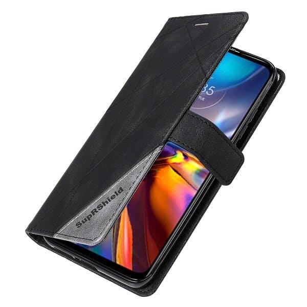 Motorola Moto E32 SupRShield Wallet Leather Card Holder Flip Protective Shockproof Magnetic Case Cover (Black)