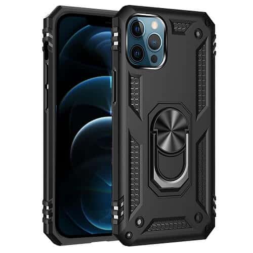 Apple iPhone 12 Pro Max Anti Scratch Rugged Magnetic Heavy Duty Kickstand Car Mount Ring Case Cover (Black)