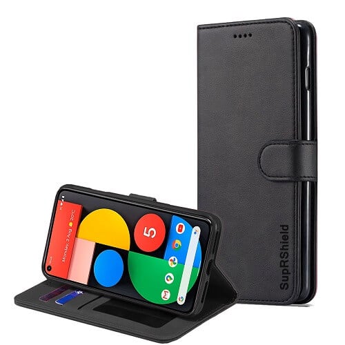 Google Pixel 5 Wallet Case Flip Leather Card Slots Pocket Magnetic Stand Cover (Black )
