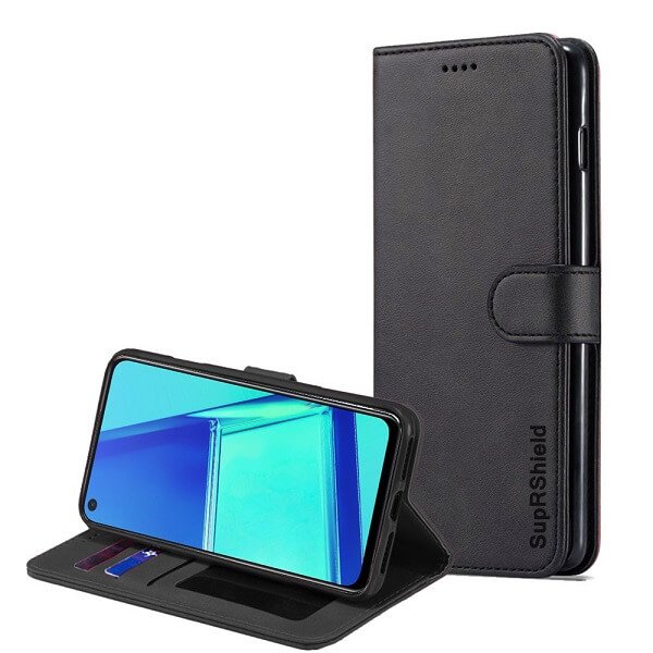 Oppo A52 Wallet Case SupRShield Leather Flip Stand Magnetic Cover (Black)