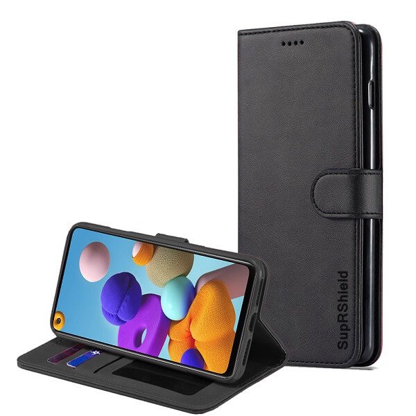 Samsung Galaxy A21s Wallet Case Genuine SupRShield Leather Flip Stand Magnetic Case Cover (Black)
