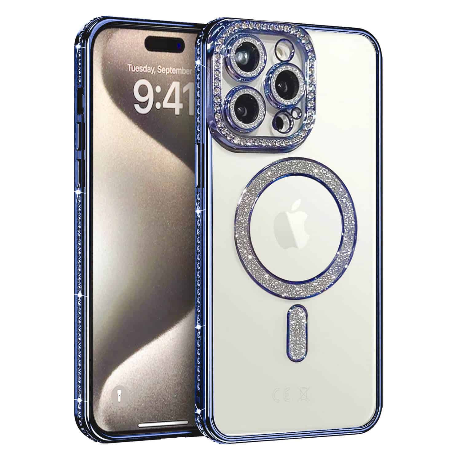 For Apple iPhone 15 Pro Case, MagSafe Magnetic Diamond Rhinestone Glitter Cute Crystal Bling Full Camera Lens Protector Shockproof Cover