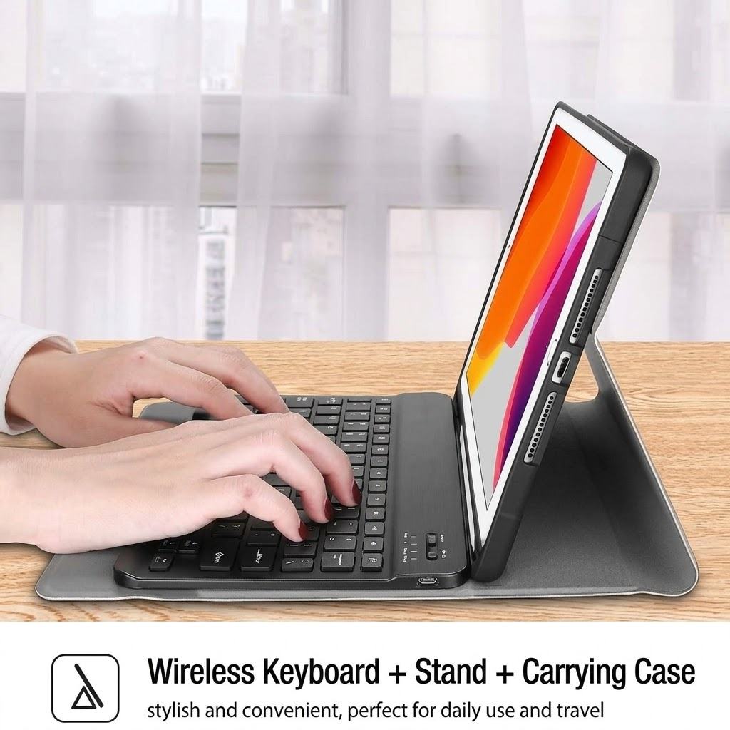 Apple iPad 9.7 inch 6th 2018 /5th Gen 2017 / Air 1 /2 Wireless Bluetooth Keyboard Case, Folio Leather Smart Stand Cover