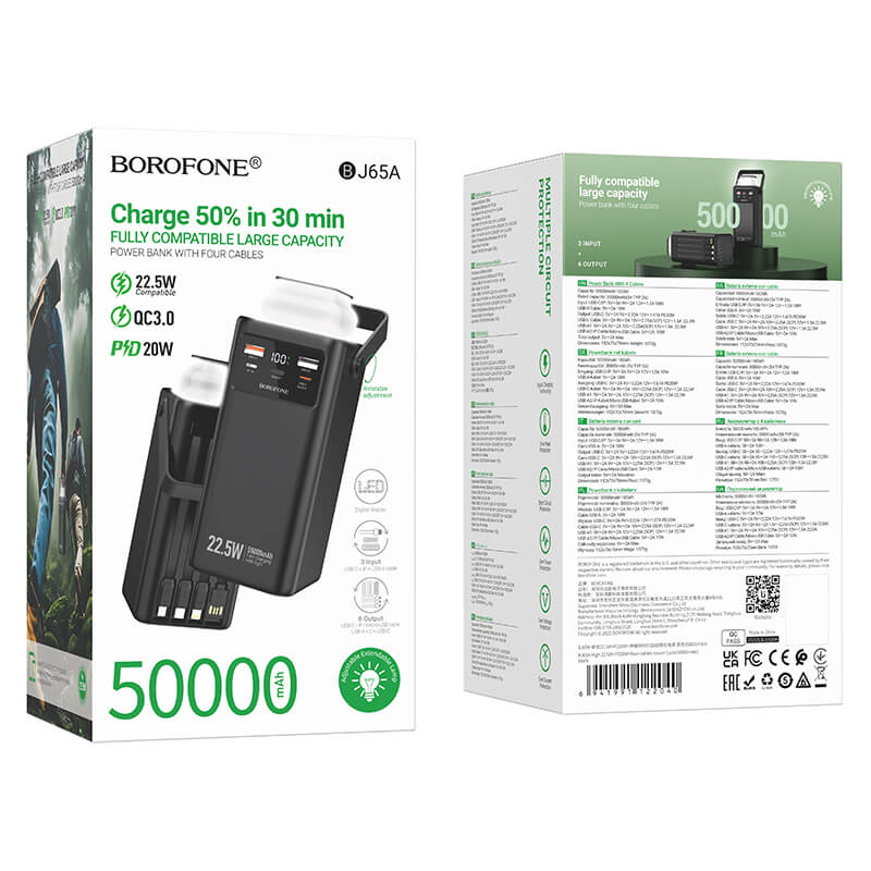 Borofone BJ65A 50,000mAh High Capacity 22.5W+PD20W 4 Cables Portable Power Bank (Black)